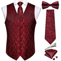 DiBanGu Herren Paisley Anzug Weste und Krawatten-Set, 6-teilig, vorgebundene Fliege, formelle Weste für Smoking, Rotes Paisley, Medium von DiBanGu