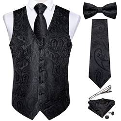 DiBanGu Herren Paisley Anzug Weste und Krawatten-Set, 6-teilig, vorgebundene Fliege, formelle Weste für Smoking, Schwarz, Medium von DiBanGu