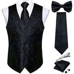 DiBanGu Herren Paisley Anzug Weste und Krawatten-Set, 6-teilig, vorgebundene Fliege, formelle Weste für Smoking, Schwarz, floral, X-Large von DiBanGu