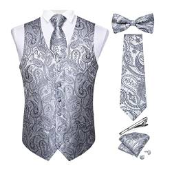 DiBanGu Herren Paisley Floral Vest Tie Set 6pcs V-neck Formal Vest and Pre-tied Bow tie Weste for Tuxedo, silber, X-Large von DiBanGu