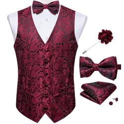 DiBanGu Herren Paisley-Weste, 6 Stück, Seide, Anzugweste und Fliege, Einstecktuch, Manschettenknöpfe, Anstecknadel-Set für Anzug oder Smoking, Rotes und schwarzes Paisleymuster, XXX-Large von DiBanGu