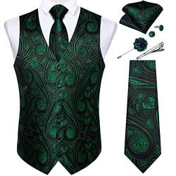 DiBanGu Herren Paisley Weste und Krawatte Einstecktuch Manschettenknöpfe Weste Anzug Set für Smoking, Glänzendes Grün, Medium von DiBanGu