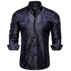 DiBanGu Herren Seide Paisley Kleid Hemden, gewebte Langarm Button Down Kleid Hemd mit Kragen Pin für Männer Hochzeit Party, Dunkelblaues, schwarzes Paisleymuster, Mittel von DiBanGu