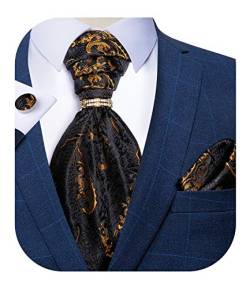 DiBanGu Paisley-Krawatte für Herren, 4 Stück, gewebte Ascot-Krawatte, Einstecktuch, Manschettenknöpfe mit Krawattenring-Set, 09 Schwarzgold, Einheitsgröße von DiBanGu