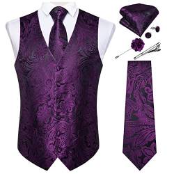 DiBanGu Paisley-Weste und formelle Krawatte mit Anstecknadel, Krawattenklammer, Herrenweste, Krawatten-Set, Seide, Einstecktuch, Manschettenknöpfe, Hochzeit, Business, Paisley Purple, L von DiBanGu