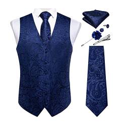 DiBanGu Paisley Weste und formelle Krawatte mit Revers Pin Brosche Krawattenklammer Herren Weste Krawattenset Seide Einstecktuch Manschettenknöpfe Hochzeit Business, Blaues Paisley, L von DiBanGu