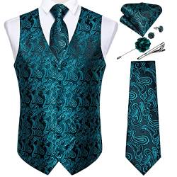 DiBanGu Paisley Weste und formelle Krawatte mit Revers Pin Brosche Krawattenklammer Herren Weste Krawattenset Seide Einstecktuch Manschettenknöpfe Hochzeit Business, Blaugrünes Paisley, XXL von DiBanGu