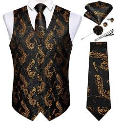 DiBanGu Paisley Weste und formelle Krawatte mit Reversnadel, Brosche, Krawattenklammer, Herrenweste, Krawatten-Set, Seide, Einstecktuch, Manschettenknöpfe, Hochzeit, Business,Gold Paisley, XL von DiBanGu