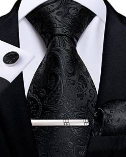 DiBanGu Schwarzer Paisley Krawatte für Herren formellen Seiden-krawatte und Einstecktuch Manschettenknöpfe Hochzeit Party Krawattenklammer Set von DiBanGu