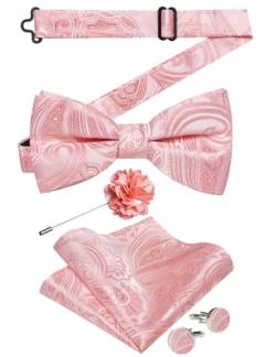 DiBanGu Seiden-Fliege für Herren, Seide, Paisleymuster, vorgebundene Fliege und Einstecktuch, Manschettenknöpfe, Anstecknadel-Set, Hochzeitsfeier, Rosa Paisley, Einheitsgröße von DiBanGu