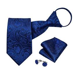 DiBanGu Seiden-Reißverschluss-Krawatten für Herren, gewebtes Paisley/einfarbig/kariert, vorgebundene Krawatte und Einstecktuch, verstellbare Manschettenknöpfe, königsblau, Einheitsgröße von DiBanGu