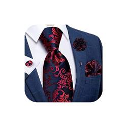 DiBanGu Seidenkrawatte gewebt Taschentuch Herren Krawatte und Anstecknadel Brosche Set Paisley Plaid Solid Floral, Marineblau/rotes Blumenmuster, Einheitsgröße von DiBanGu