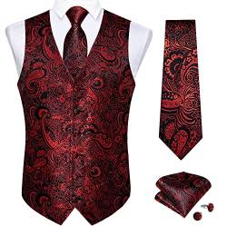 Herren Hochzeitsweste, Paisleymuster, Weste, Krawatte und Manschettenknöpfe, groß und hoch, 14 schwarz rot, X-Large von DiBanGu