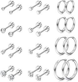 Diamday 12Paare Edelstahl Ohrringe Set für Mehrfachpiercing Hoop Creolen Ohrringe für Damen Herren Kleine Kugel CZ Flache Rückseite Ohrstecker Tragus Knorpel Helix Winzig Kleine Creolen Ohrreifen von Diamday