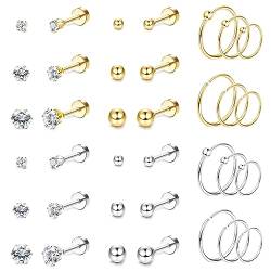 Diamday 18Paare Kleine Ohrstecker Hoops für Damen Herren Edelstahl Flache Knorpel Ohrringe Sets CZ Winzige Kugel Ohrringe Hoops Ohrstecker Hypoallergene Tragus Helix Piercing Ohrringe Gold Silber von Diamday