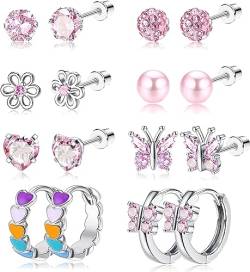 Diamday 8Paare Niedlich Screwback Ohrringe Ohrstecker Set für Damen Mädchen 316L Edelstahl Mehrfarbig CZ Peal Herz Blume Schmetterling Creolen Ohrringe Hypoallergen Kleine Schraubverschluss Ohrstecker von Diamday