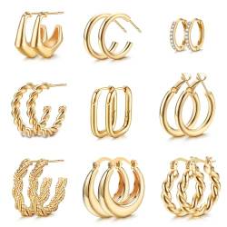 Diamday 9 Paare Gold Creolen Ohrringe Set für Damen 14 Karat Vergoldet Twist Huggie Chunky Creolen Ohrringe Set Dicke Hypoallergen Offene Gold Creolen Groß Knorpel Creolen Clip On Ohrringe Set A von Diamday