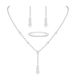 Diamday Brautschmuck Schmuck Set für Damen Silberschmuck Set Strass Kristall Halskette Tropfen Ohrringe Link Armreif Armband Hochzeitsschmuck Sets für Bräute Bridemaid Prom Kostüm Zubehör von Diamday