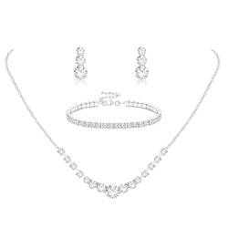 Diamday Brautschmuck Schmuck Set für Damen Silberschmuck Set Strass Kristall Halskette Tropfen Ohrringe Link Armreif Armband Hochzeitsschmuck Sets für Bräute Bridemaid Prom Kostüm Zubehör von Diamday