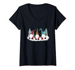 Damen Christmas Gnomes Family Buffalo Plaid Leopard Hat Xmas Gift T-Shirt mit V-Ausschnitt von Diamond Deals LLC