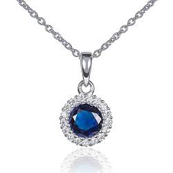 Diamond Treats 925 Sterling Silber Anhänger Halskette mit einem saphirblauen Stein und einem Zirkon Rand, Sterling Silber Halskette für Damen mit einem blauen Stein, Silberschmuck für Frauen von Diamond Treats