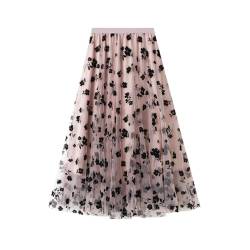 DianShao Tüllrock Damen Midi Überlagerter Mehrlagiger Elastischer Hoch Taillierter A Linien Tutu Rock Mesh-Chiffon-Faltenrock Mit Blumendekoration von DianShao