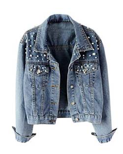 Damen Jeansjacke Übergangsjacke Leichte Freizeit Jacke Denim Mit Perle Blau 2XL von DianShaoA