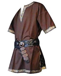 DianShaoA Herren Mittelalter Tunika Kurzarm V-Kragen Saum Gewand Retro Hemd Casual Blusen Braun 2XL von DianShaoA