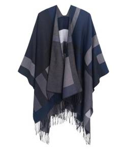 DiaryLook Damen Poncho Schal Winter Cardigan Übergroße Cape Elegant Poncho Für Frauen Umhang Damen Warm Weihnachtsgeschenke Für Frauen Blaue Quaste von DiaryLook