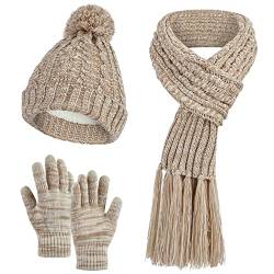 DiaryLook Mütze Schal Winter Handschuhe sets für Damen Strick set Fleece Loop Damen Schals Winterschal Knitted Pom Pom Cap von DiaryLook