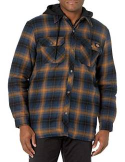 Dickies - Outerwear for Men, Fleece Hooded Flannel Jacket, Full Front Snap Opening, Navy/Brown, L von Dickies