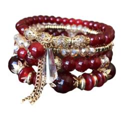 Dickly Mehrlagiges Perlenarmband, Perlenarmbänder, Schmuckmanschette, einzigartige Statement-Armbänder für Frauen und Männer im Boho-Stil zum Anziehen am, Rot von Dickly