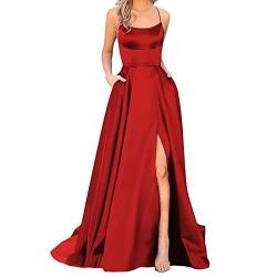 Ballkleider Off Shoulder Kleider Damen Lang Elegant Hochzeit A-Linie Criss-Cross Satin Spaghetti Party Prom Maxi Dress Abendkleider Schlitz Brautkleid Festkleider Damen,Rot,S von Didadihu