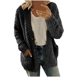 Didadihu Damen Fleecejacke Winter Teddy Mantel,Warm Flauschig Jacke Dicke Gefüttert Plüschjacke Casual Langarm Wolljacke Kuschelig Einfarbig Winterjacke mit Taschen Teddyjacke Outdoor Wintermantel von Didadihu