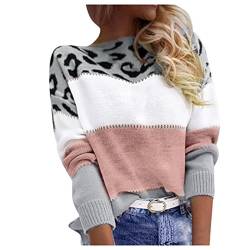 Didadihu Damen Pullover Elegant - Leopard Strickpullover Winterpullover Langarm Rundhals Sweater Patchwork Sweatshirt Herbst Winter Elegant Pulli Warme Ausgefallene Italienische Damenpullover Jumpers von Didadihu