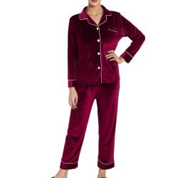 Didadihu Hausanzug Damen Baumwolle,Kuschel Kurz Schlafanzüge Flanell Flauschig Pyjama Set Fleece Loungewear Lang 2 Teilig Schlafanzug Pyjama Lounge Set,Wein,3XL von Didadihu