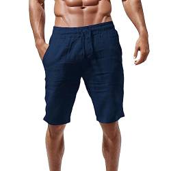 Didadihu Leinen Kurze Hosen Herren Casual Herren Shorts Loose Mit Taschen Bermuda Shorts Kurze Hosen Lockere Passform Elastische Taille Sommer Leinenhose Chino Shorts Sommershorts,Marineblau,L von Didadihu