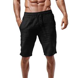 Didadihu Leinen Kurze Hosen Herren Casual Herren Shorts Loose Mit Taschen Bermuda Shorts Kurze Hosen Lockere Passform Elastische Taille Sommer Leinenhose Chino Shorts Sommershorts,Schwarz,3XL von Didadihu