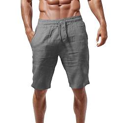 Didadihu Leinen Kurze Hosen Herren Lockere Passform Kurze Hosen Mit Taschen Loose Bermuda Shorts Herren-Shorts Elastische Taille Casual Sommer Sport Shorts Freizeithose Sommershorts,Grau,XXL von Didadihu