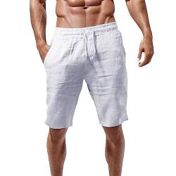 Didadihu Leinen Kurze Hosen Herren Lockere Passform Kurze Hosen Mit Taschen Loose Bermuda Shorts Herren-Shorts Elastische Taille Casual Sommer Sport Shorts Freizeithose Sommershorts,Weiss,XL von Didadihu