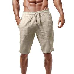 Didadihu Leinen Shorts Herren Casual Bermuda Shorts Mit Taschen Loose Kurze Hosen Herren Shorts Elastische Taille Lockere Passform Sommer Sport Shorts Laufshorts Trainingshose,Beige,XL von Didadihu