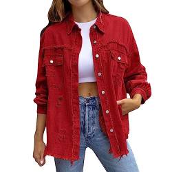 Didadihu Oversized Jeansjacken Für Damen, Lose, Langärmlige Jean Jacke Mit Modischer Zerrissenheit, Lässige Basic Jeansjacke Mit Lange Casual Waschung Damen,02 Rot,L von Didadihu