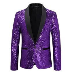 Didadihu Sakko Herren Glitzer Blazer Sakkos Party Party Glitzer Anzug Karneval Kostüm Hochzeit Festlich Pailletten Sakko Jacket Smoking,Lila,S von Didadihu