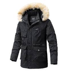 Didadihu Wintermantel Herren Lang - Warm Reißverschlüsse Wintermantel Fell Kapuze Reißverschluss Mantel Lang Jacket Lange Outdoor Parka Softshelljacke Skijacke Übergröße Winddicht,Schwarz,4XL von Didadihu