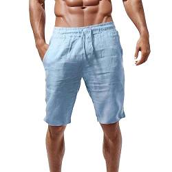 Leinen Kurze Hosen Herren Lockere Passform Kurze Hosen Mit Taschen Loose Bermuda Shorts Herren-Shorts Elastische Taille Casual Sommer Sport Shorts Freizeithose Sommershorts,Blau,M von Didadihu