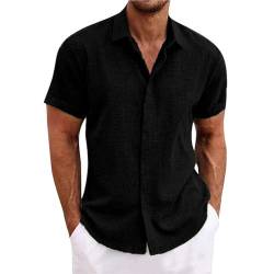 Leinenhemd Herren Kurzarm Leinen Button Down Hemd Regular Fit Sommer Strand Freizeithemden Shirt Herren,Schwarz,M von Didadihu