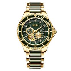 Diella Luxus Uhren Herren Datumsanzeige, Skelett Herren Automatik Uhren Wasserdicht, Gold Edelstahl und Dunkelgrün Jade Herren Armband Uhren von Diella