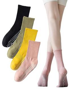 Digoon 4 Paar Yoga-Socken mit Griffen für Damen, rutschfeste Socken für Barre, Ballett, Tanz, Workout, rutschfeste Crew-Pilates-Socken, Mehrfarbig 1, 37.5-42 EU von Digoon