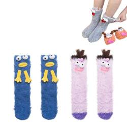 Dihope 2 Paar Lustige Socken,3D Cartoon Monster Socken Mit Großen Augen Unisex Winter Flauschig Socken Korallenvlies Bodensocken,Funny Freundschaftssocken für Damen und Herren von Dihope