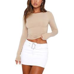 Dihope Damen Langarmshirts Y2K Oberteile Slim Fit Fashion Cropped Tee Einfarbig Basic Crop Tops Casual Athletisches Top Teenager Streetwear,Beige,M von Dihope